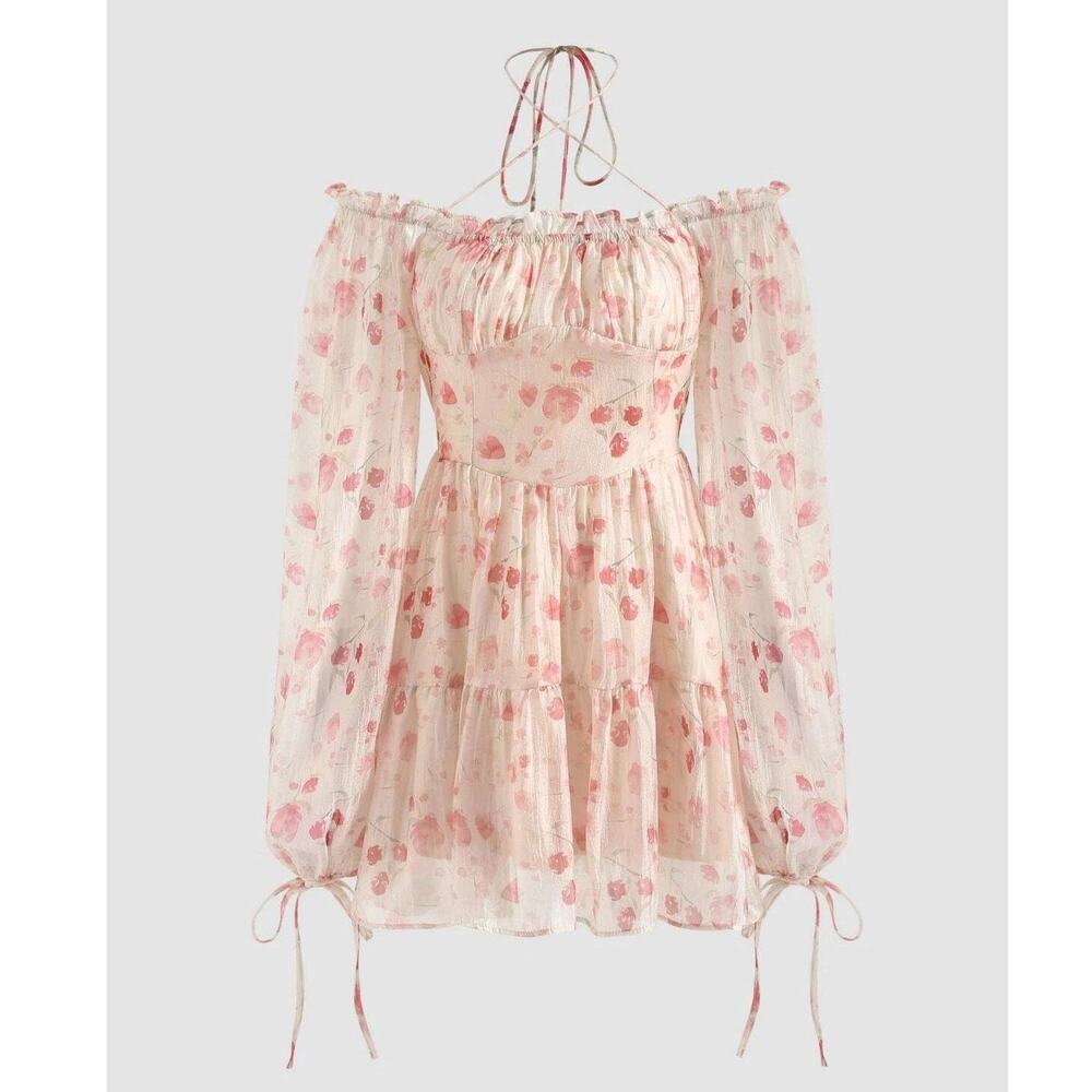 Cider XS Mini Dress Womens Cream Floral Chiffon Milkmaid Off The Shoulder Pink